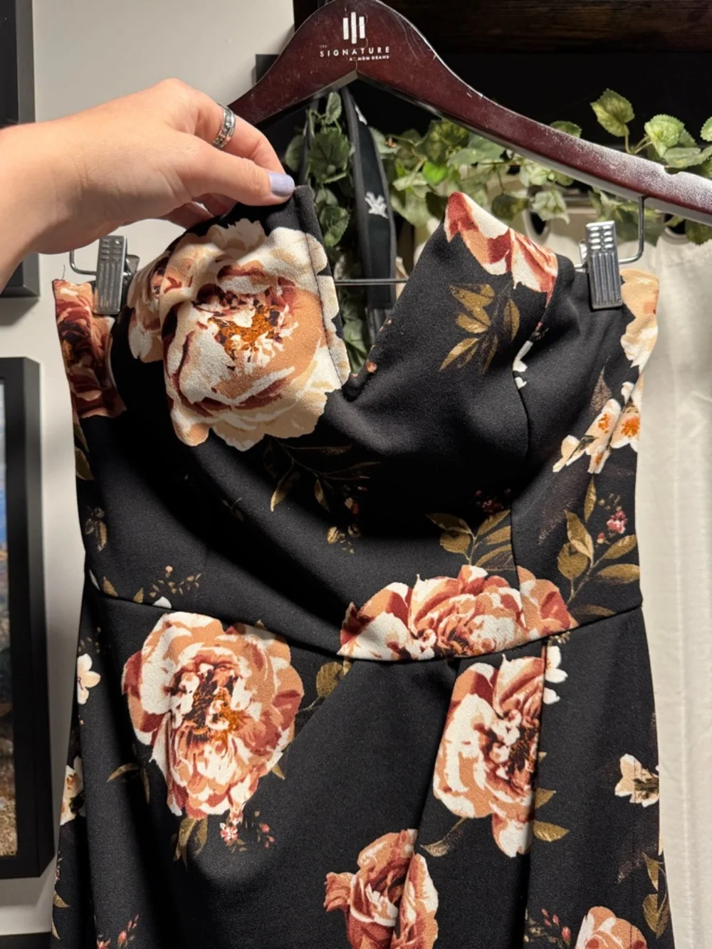 SCOBE Strapless Black Floral Hi-Low Midi Dress with Rose Print 💕 Romantic - Picture 6 of 10